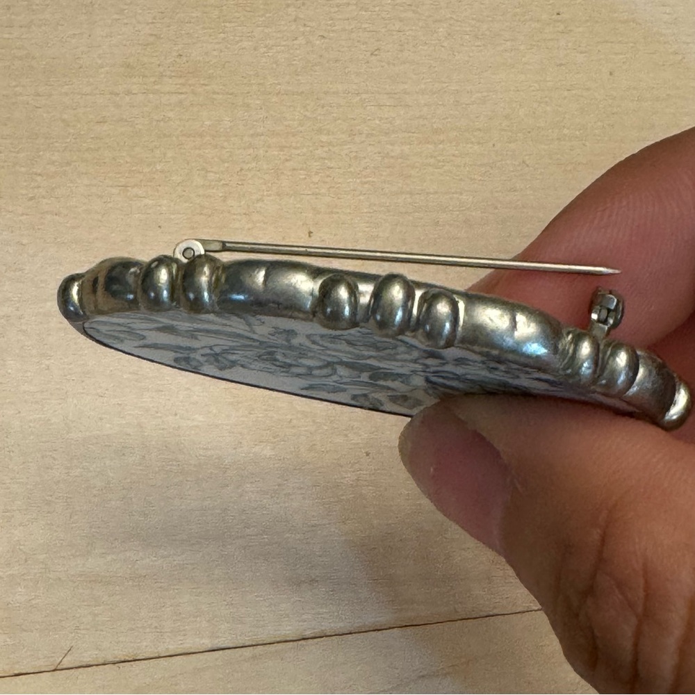 Broken China Rose Oval Sterling Silver Brooch Vintage Marked - Picture 3 of 9